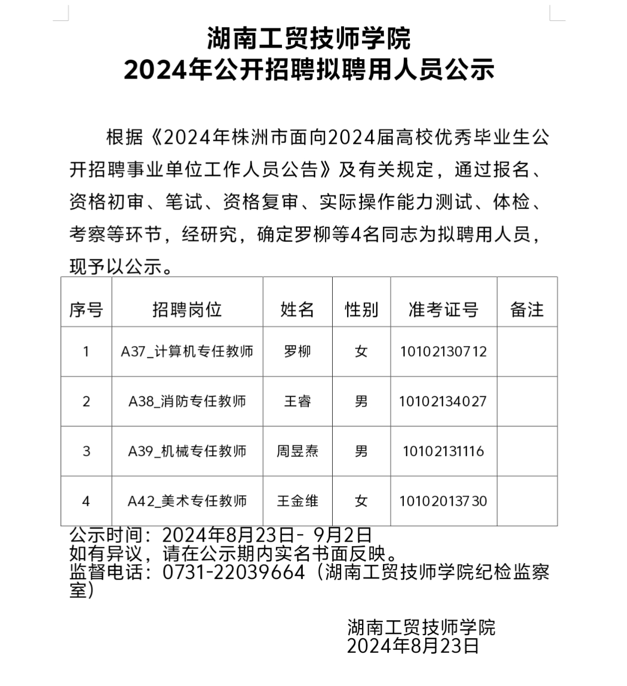 湖南工贸技师学院2024年公开招聘拟聘用人员公示